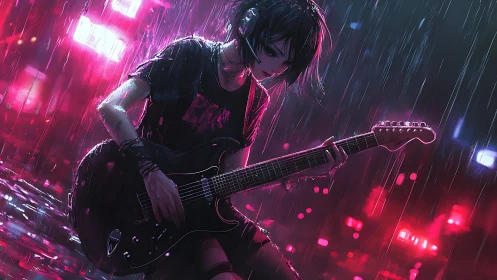 Neon rain guitarist ignites a midnight alley of electric heartbreak.