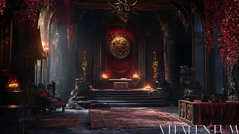 Fantasy throne hall with baroque drapery and dragon reliefs.