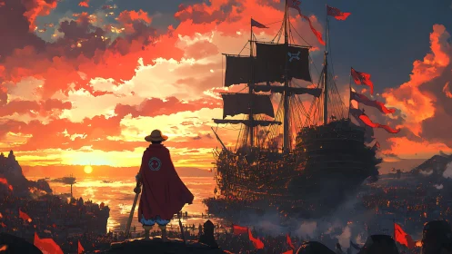 Cloaked pirate observes fleet at vivid red sunset.