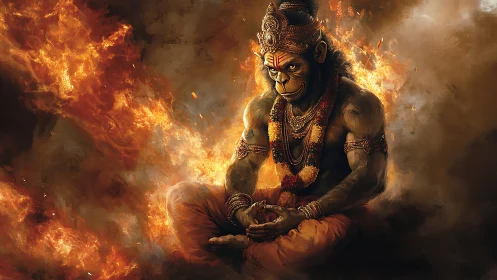 Hanuman-like warrior meditates calmly within roaring fire