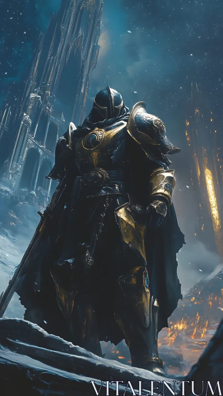 Armored knight in frozen ruin before distant burning city.