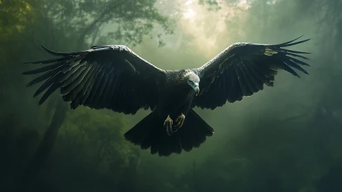 Majestic Eagle in Flight Over Misty Forest, Dramatic Lighting.
