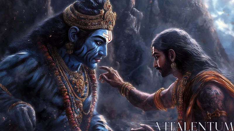 Two figures face each other in ornate, mythic digital artwork