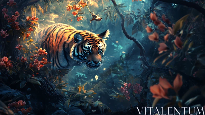 Tiger moves through dense foliage in stylized forest scene