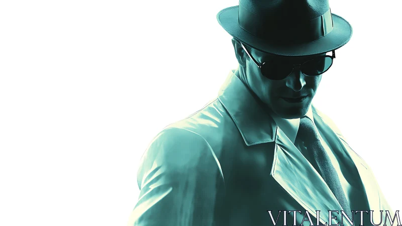 Mysterious man in trench coat stands in stark teal light