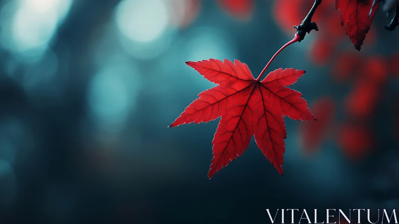 Solitary crimson maple leaf against teal bokeh dusk.