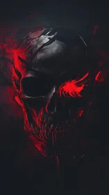 Burning crimson skull emerges from darkness with molten cracks