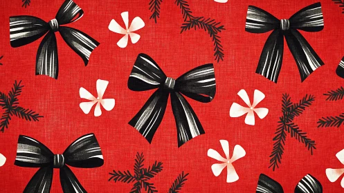 Black bows and white flowers repeat on red festive fabric