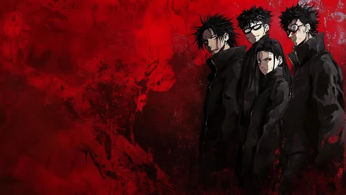 Brooding trenchcoat quartet stalks a blood-red horizon.