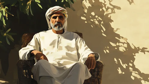 Middle Eastern man seated in sunlit wicker chair outdoors.