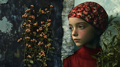 Thoughtful young girl by wildflowers in a quiet garden.