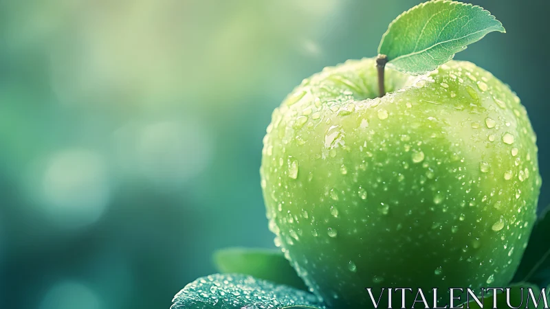 Morning-kissed green apple glows softly in dewy spotlight
