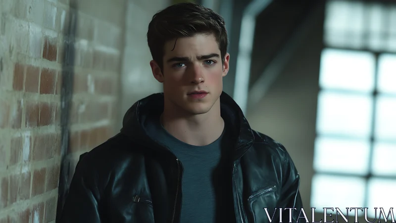 Moody young man in leather jacket by brick corridor.
