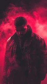 Crimson fog crowns a brooding figure in shadowed leather