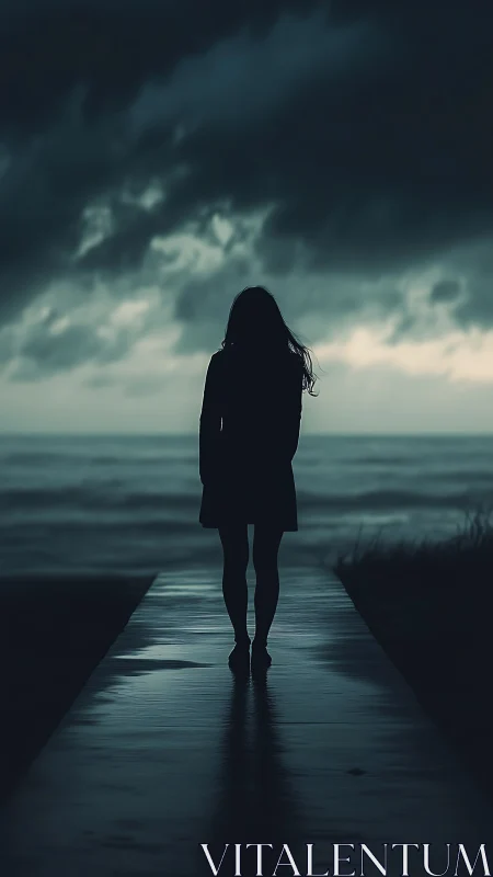 Solitary silhouette on stormy coastal walkway at dusk.