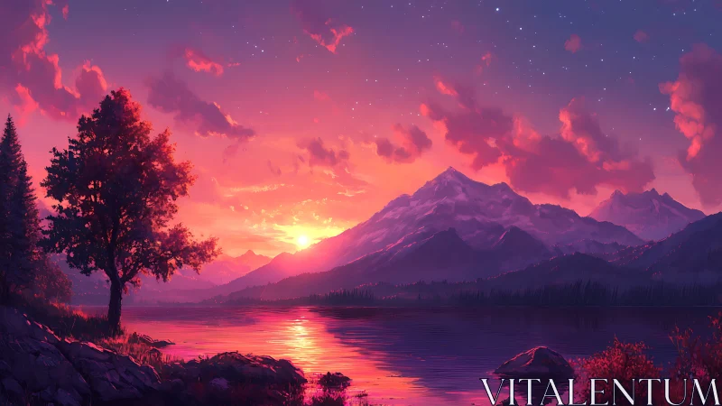 Luminous alpine lake sunset under magenta sky reflections.