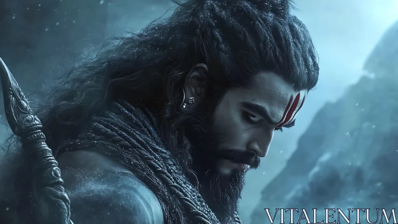 Storm-eyed mountain warrior broods in icy celestial haze.