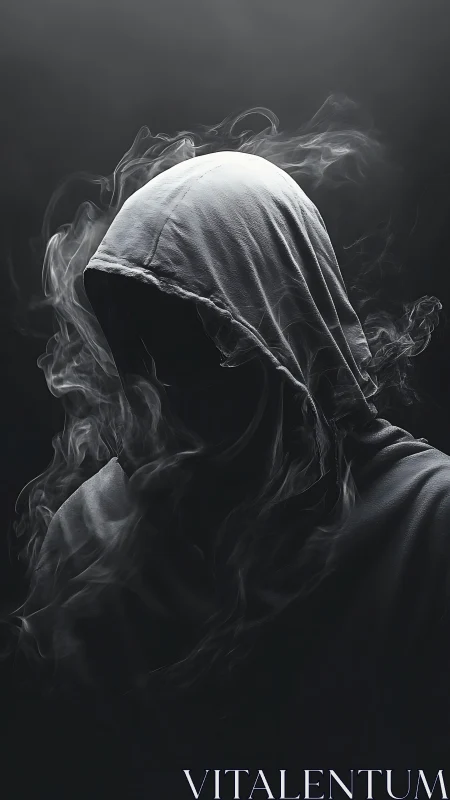 Hooded spectral figure emerges from swirling monochrome smoke