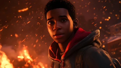 Flickering embers frame a brave young hero in warm light