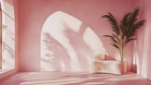 Minimalist pink lounge interior with sculptural sofa and palm.