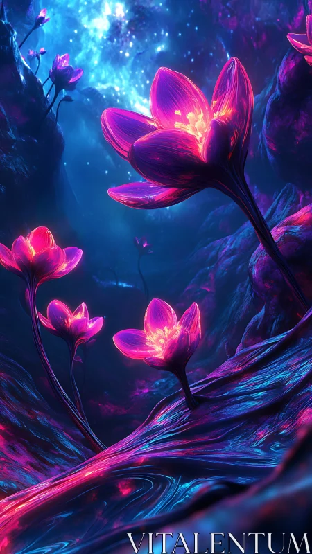 Glowing neon flowers in a vivid alien canyon environment.