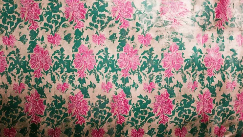 Floral brocade textile with pink blossoms on gold ground.