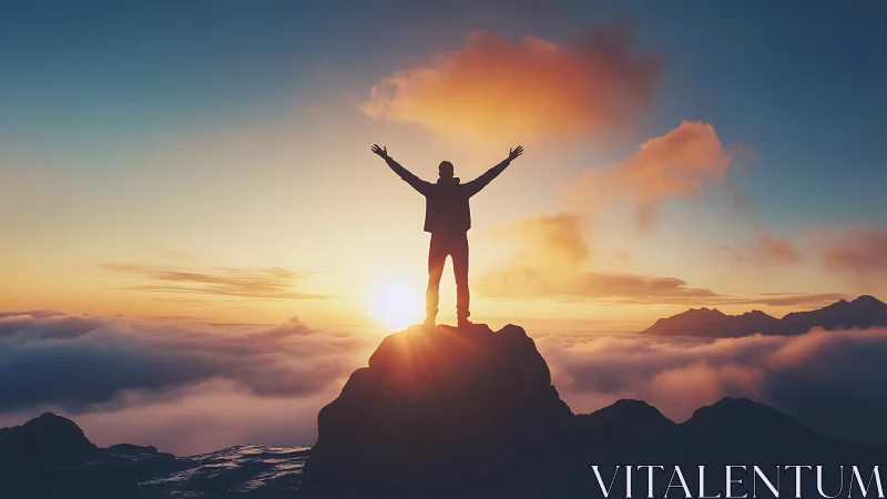 Silhouetted climber celebrates sunrise above glowing clouds.