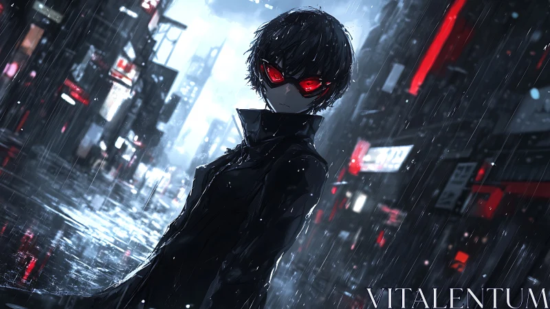 Masked vigilante stands in neon-soaked, rain-swept cityscape