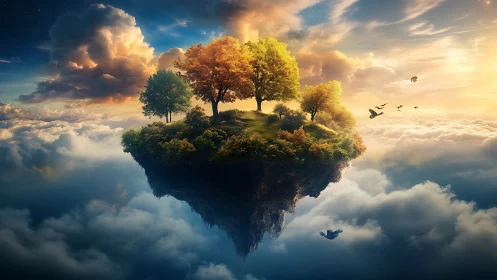 Floating Landmass with Autumn Canopy in Celestial Dreamscape.