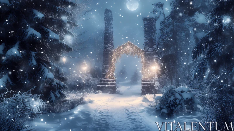 Moonlit winter forest gate under falling snow.