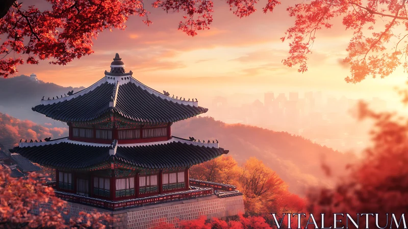 Sunlit hilltop pagoda glowing in gentle autumn warmth.