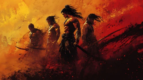 Four armed warriors in fiery abstract battlefield scene.