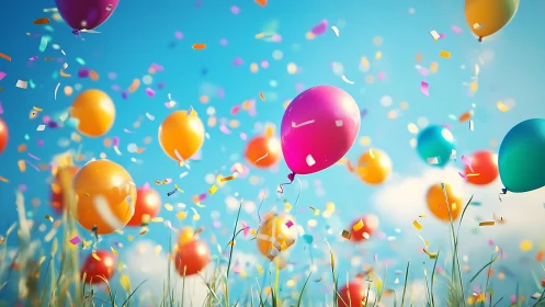 Vibrant Balloons Against Bright Sky With Confetti Burst.