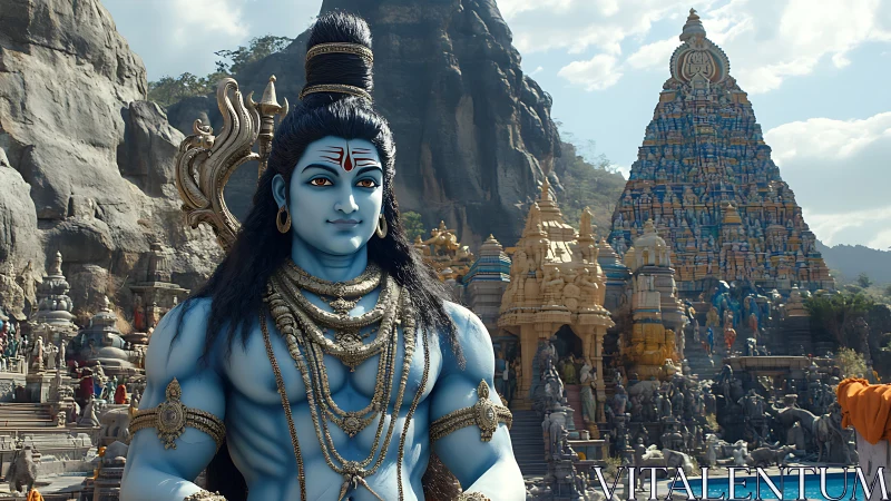 Blue-skinned deity statue before ornate temple complex.