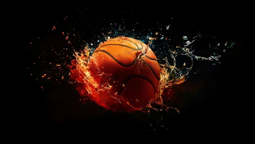 Explosive basketball impact with fiery liquid splash effect.