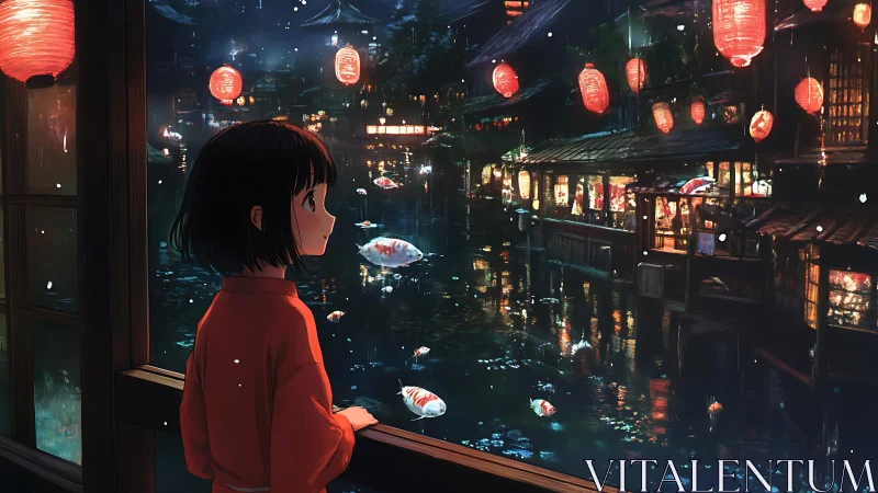 Girl in yukata watching lantern-lit koi canal at night.