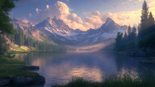 Sunlit alpine lake reflects snow peaks under pastel clouds