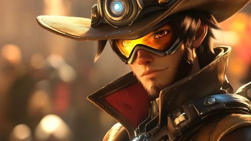 Bold steampunk gunslinger smiles beneath glowing goggles