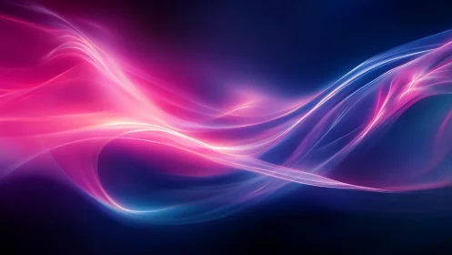 Curved luminous bands form layered pink and blue wave structures
