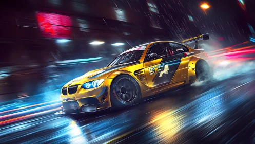 Golden drift race car slicing through neon night rain.