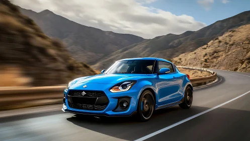 Electric-blue hot hatch carves a luminous arc through mountains