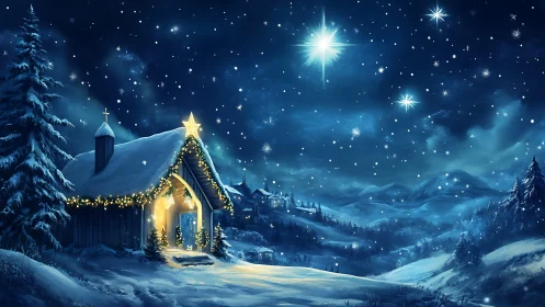 Snowy chapel under bright starry winter night sky.