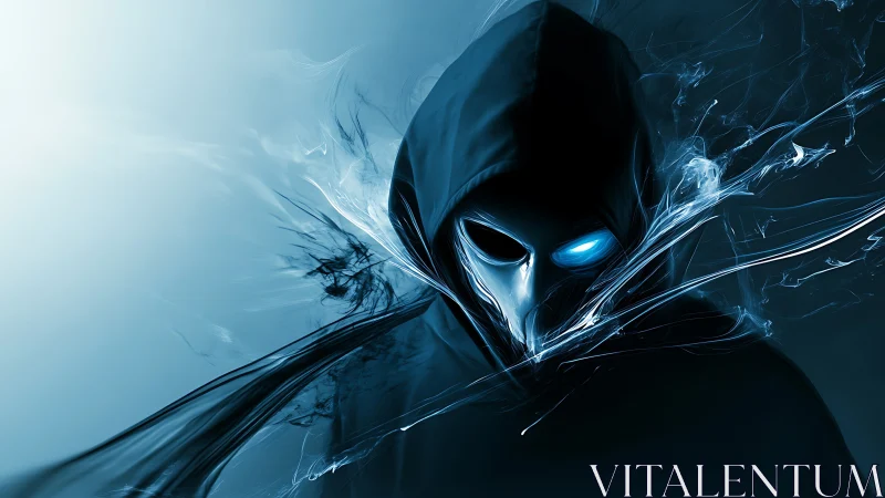 Enigmatic hooded phantom glows with electric blue energy
