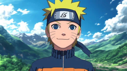 Spiky haired ninja trainee smiles beneath vast mountain skies.