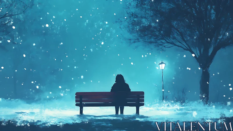 Solitary figure on a snowy bench contemplates a quiet winter night