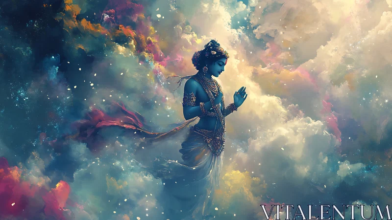 Celestial blue deity in radiant prismatic nebula clouds.