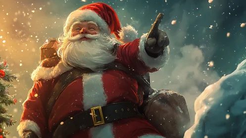 Cinematic Santa Claus portrait in snowfall, dynamic low angle