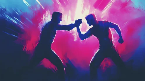 Silhouetted figures engaged in combat against luminescent backdrop.