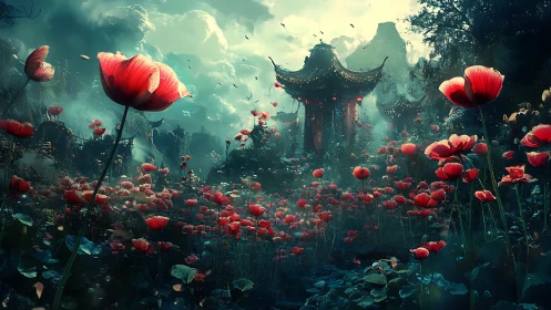 Scarlet poppy garden shrouds a misty temple in dreamlike dusk