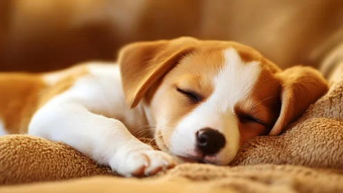 Puppy sleeps on soft brown blanket in shallow focus view.